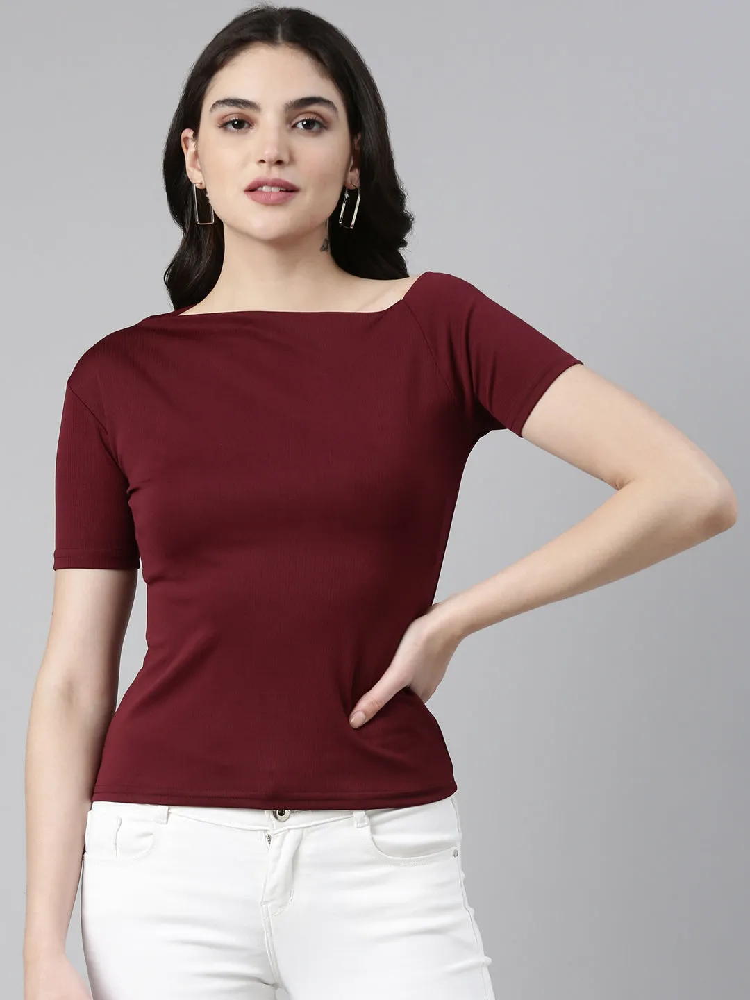 Boat Neck Solid Burgundy Regular Top