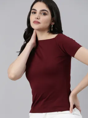 Boat Neck Solid Burgundy Regular Top