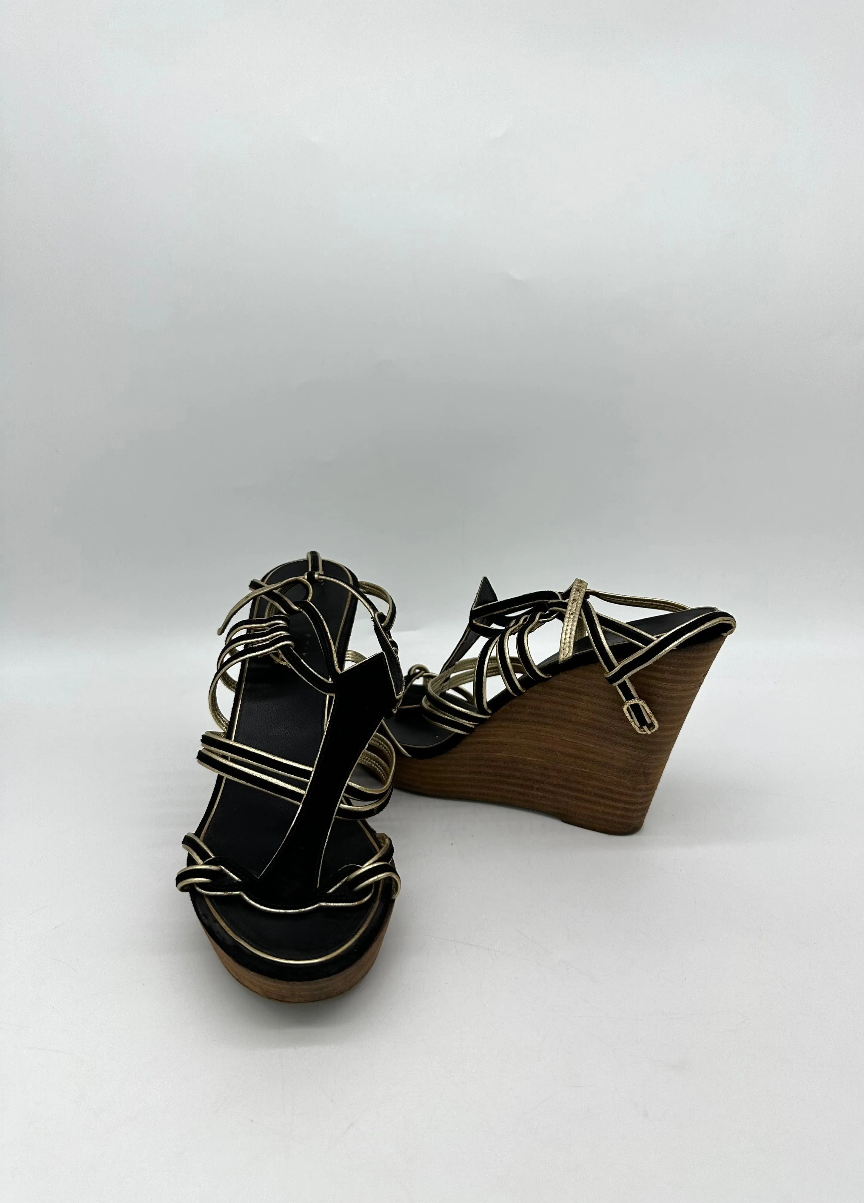 CHANEL Black/Gold Suede and Leather Wedge Sandals Size 39