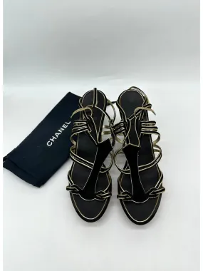 CHANEL Black/Gold Suede and Leather Wedge Sandals Size 39
