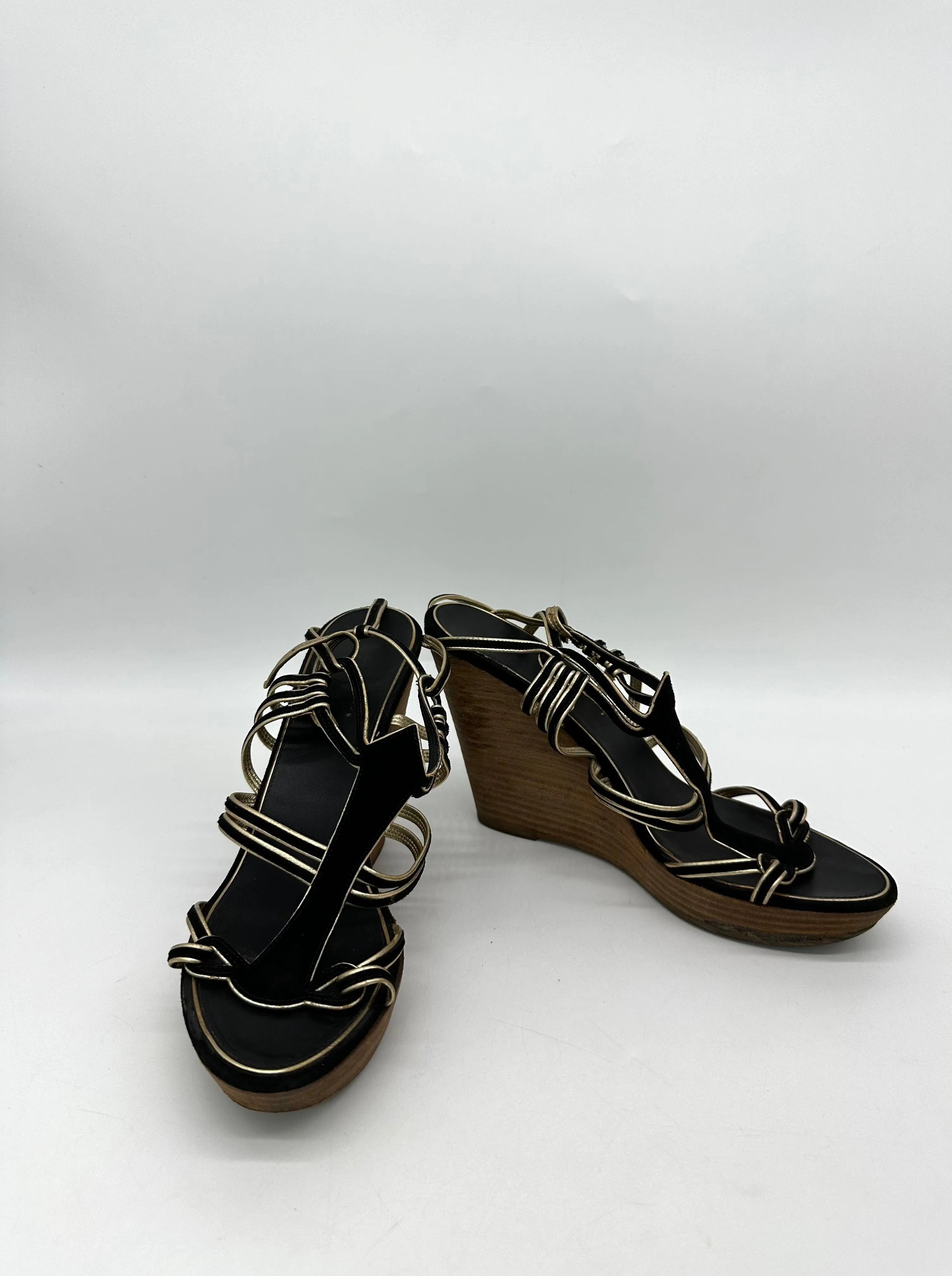 CHANEL Black/Gold Suede and Leather Wedge Sandals Size 39