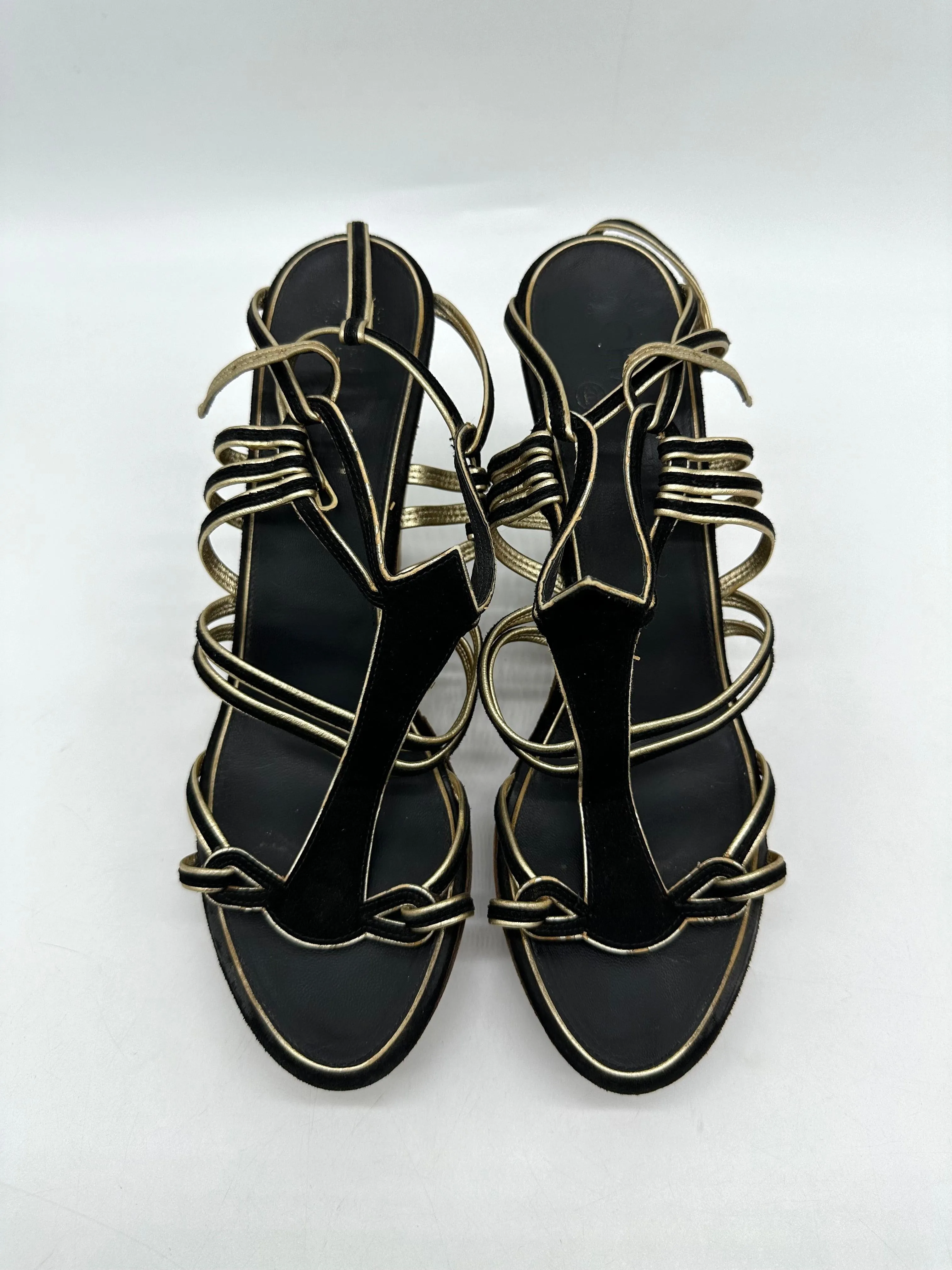 CHANEL Black/Gold Suede and Leather Wedge Sandals Size 39