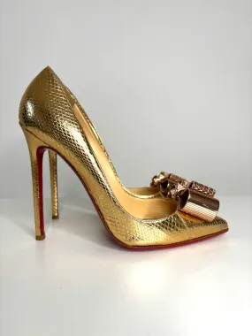 Christian Louboutin Ayers Metal Nodo Bow 120 Gold Python Heels 38.5 UK5.5 - Preloved