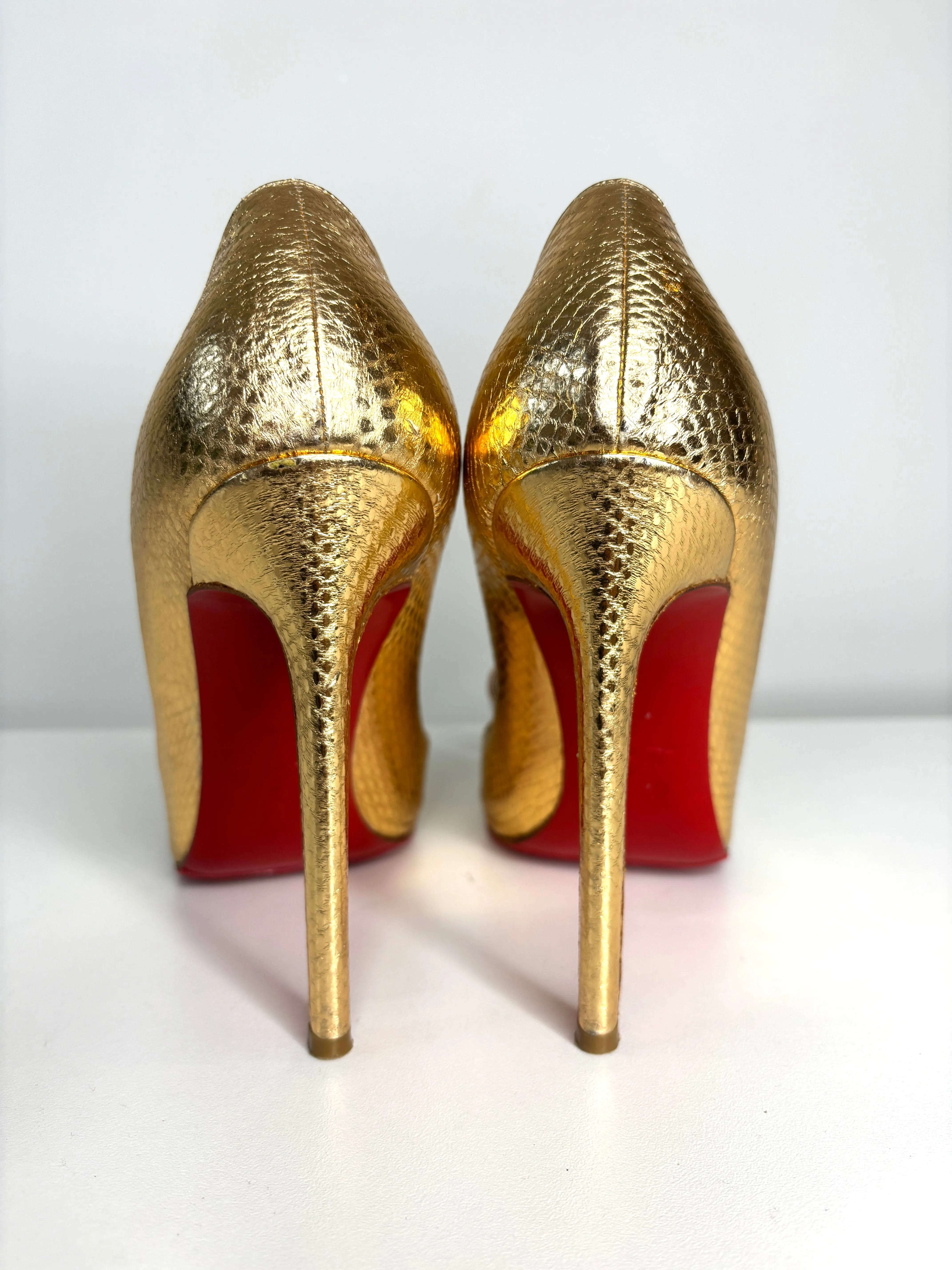 Christian Louboutin Ayers Metal Nodo Bow 120 Gold Python Heels 38.5 UK5.5 - Preloved