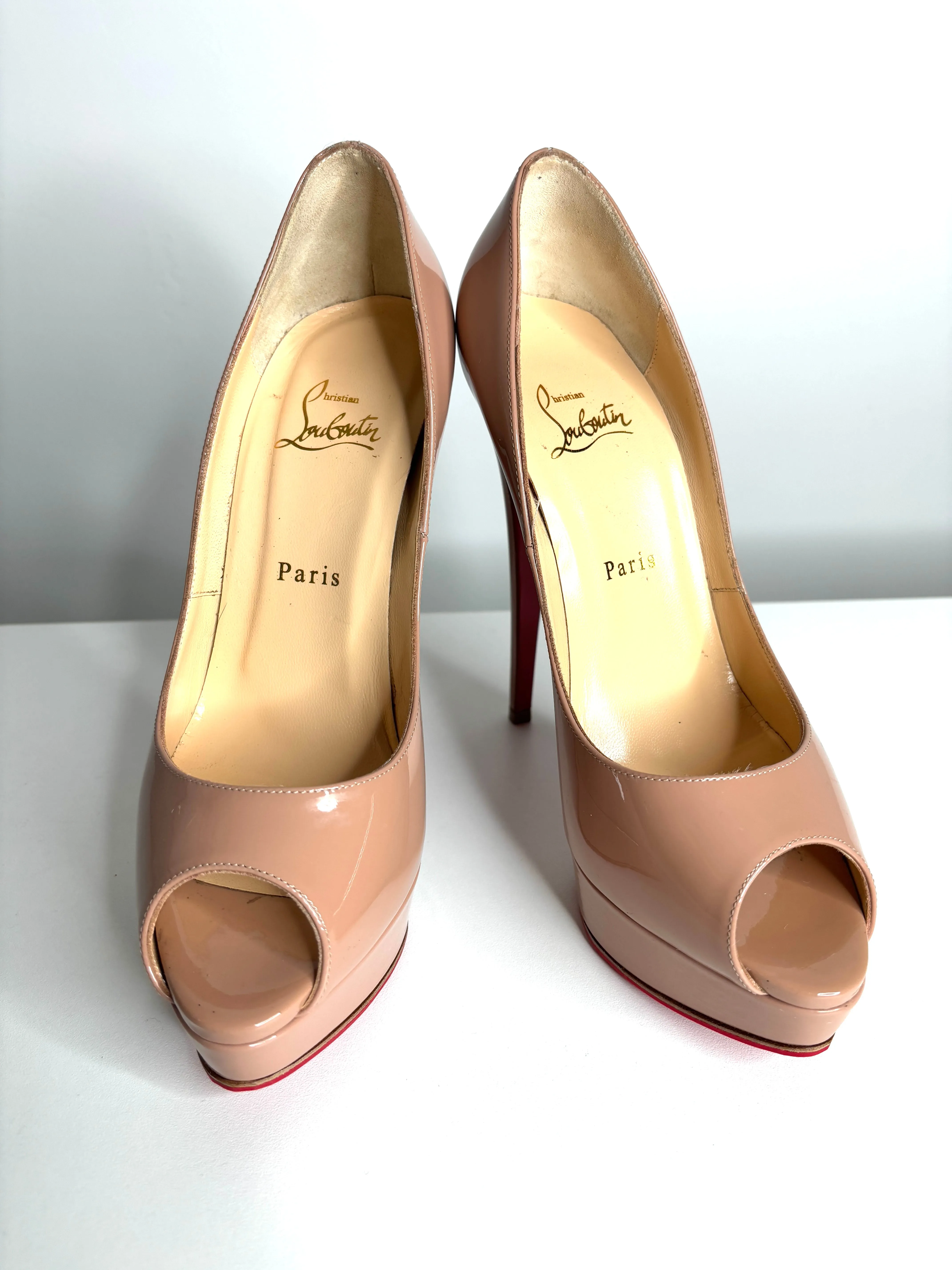 Christian Louboutin Lady Peep 150 Nude Patent Platform Heels 39.5 UK6.5