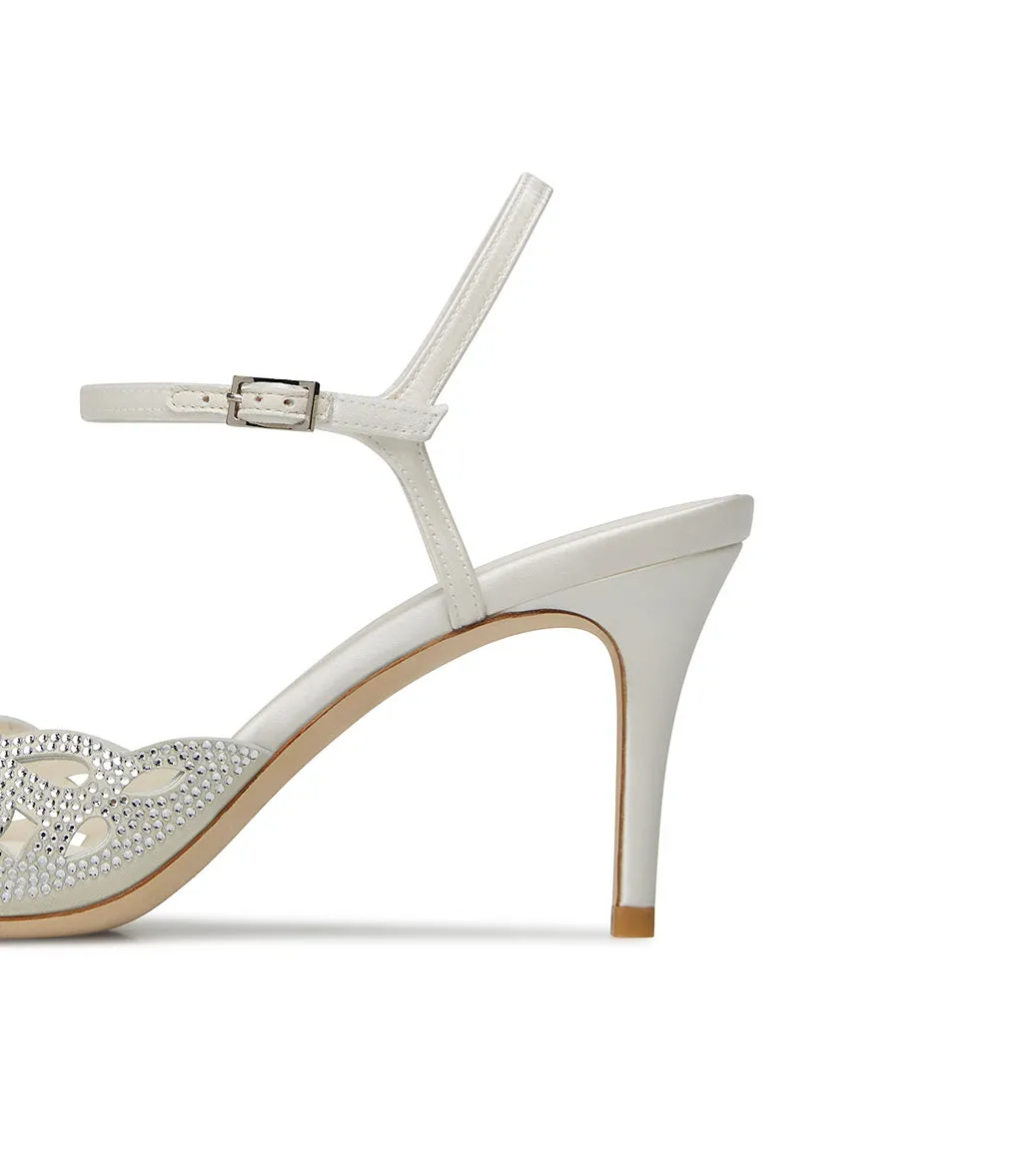 Crystals embellished white milk satin and suede sandal