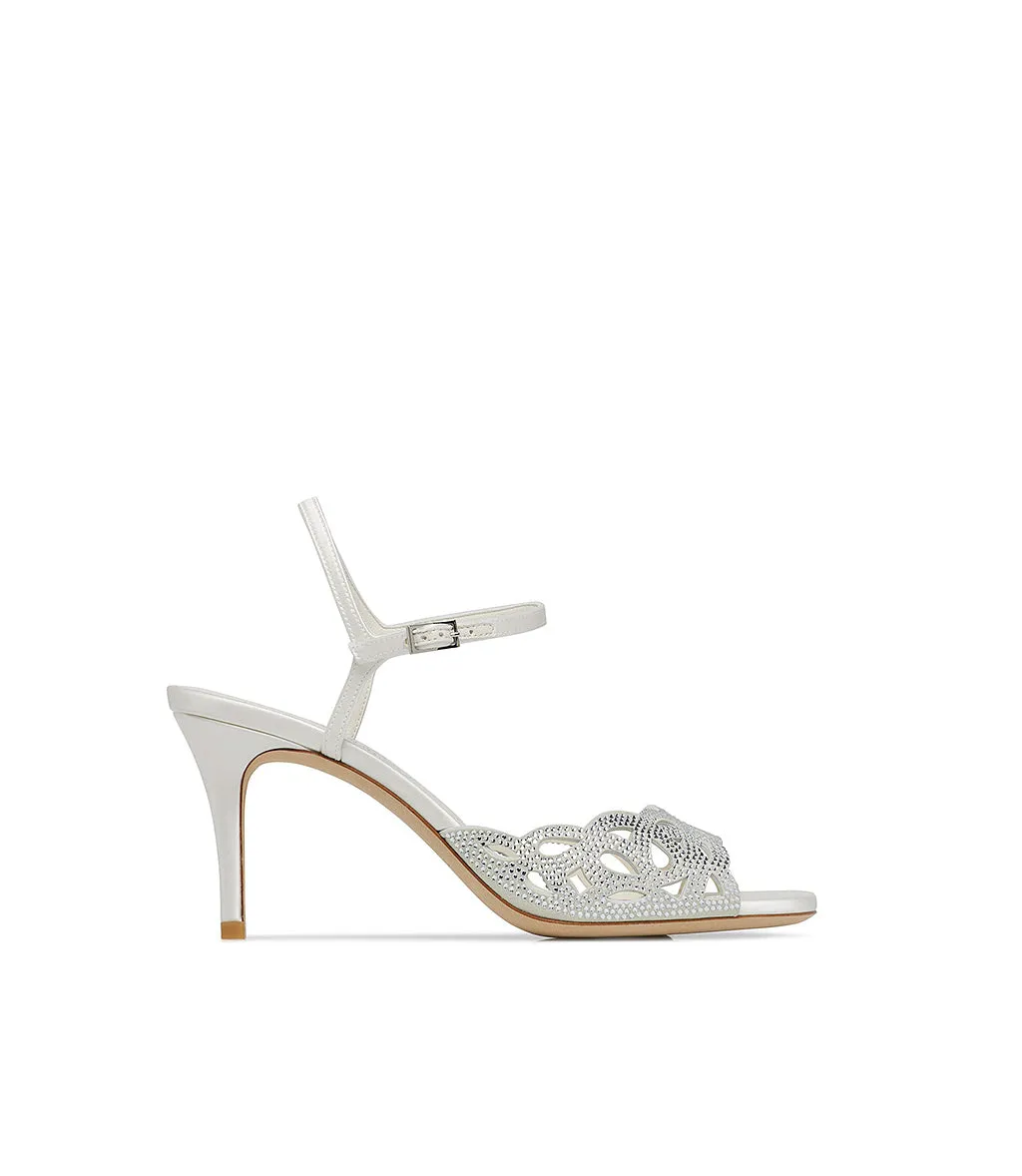 Crystals embellished white milk satin and suede sandal