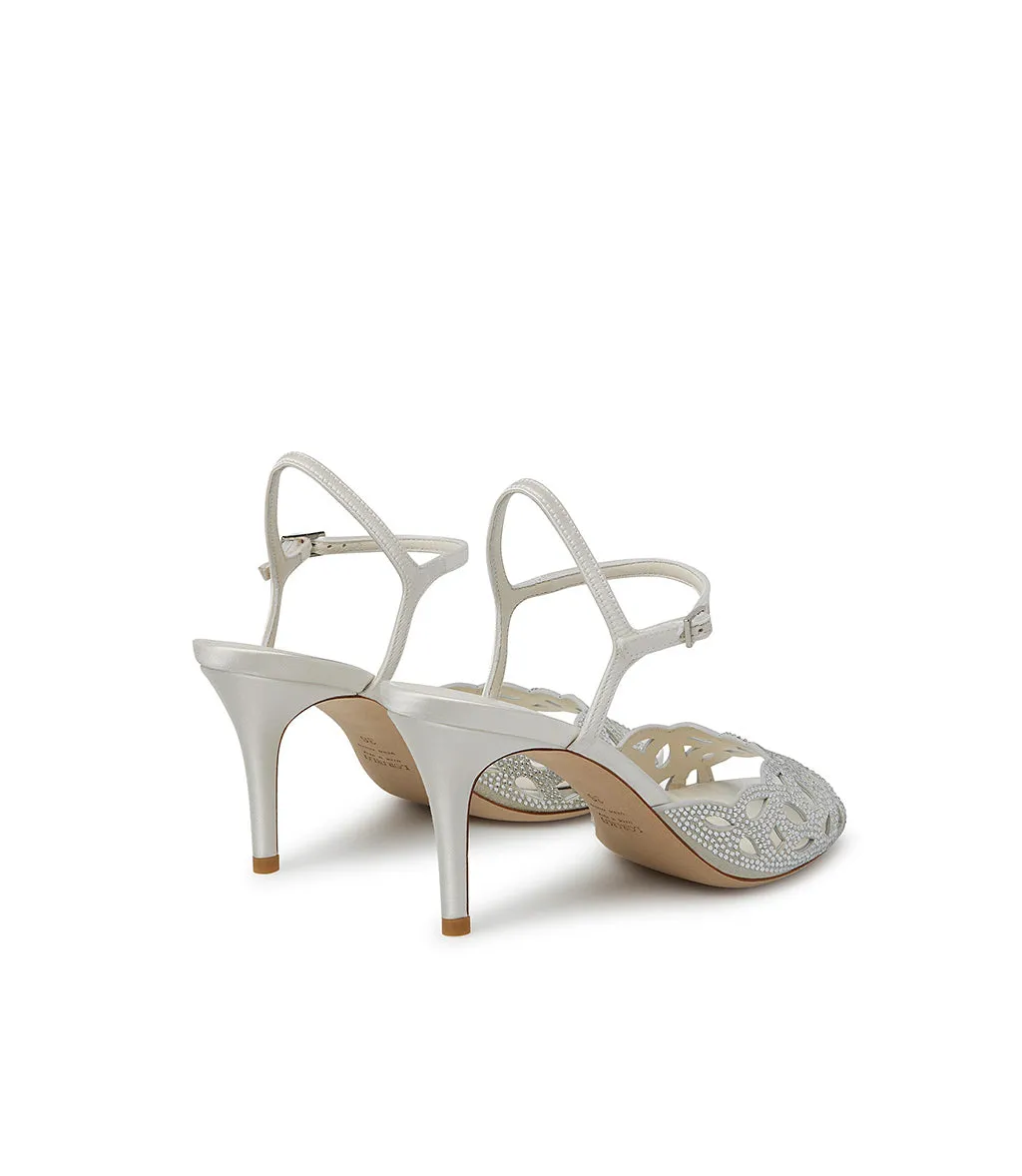 Crystals embellished white milk satin and suede sandal