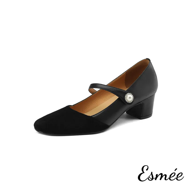 Leather Suede Mary Janes with Pearl Button Design