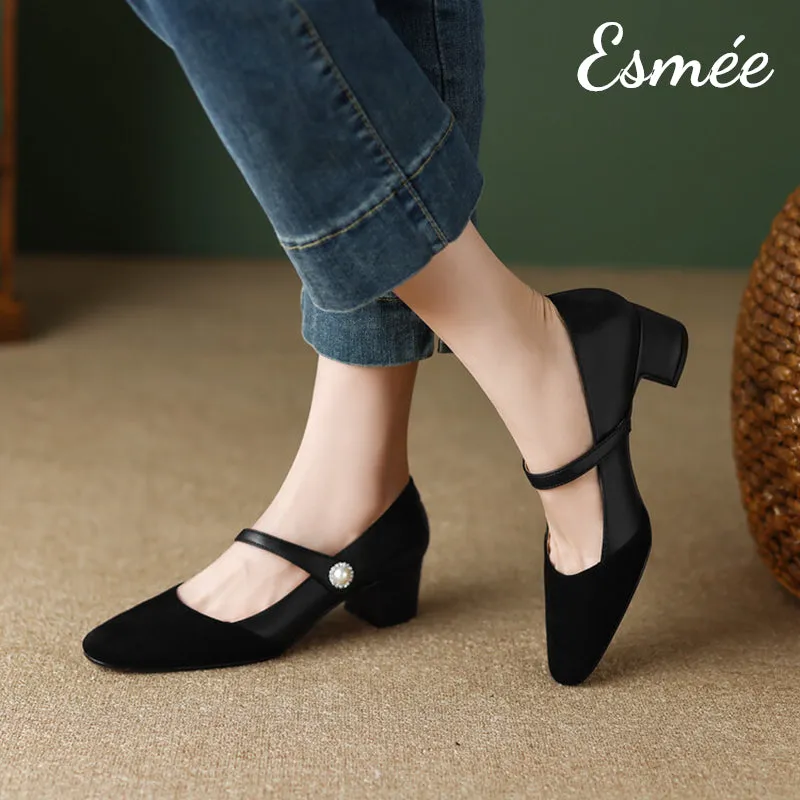 Leather Suede Mary Janes with Pearl Button Design