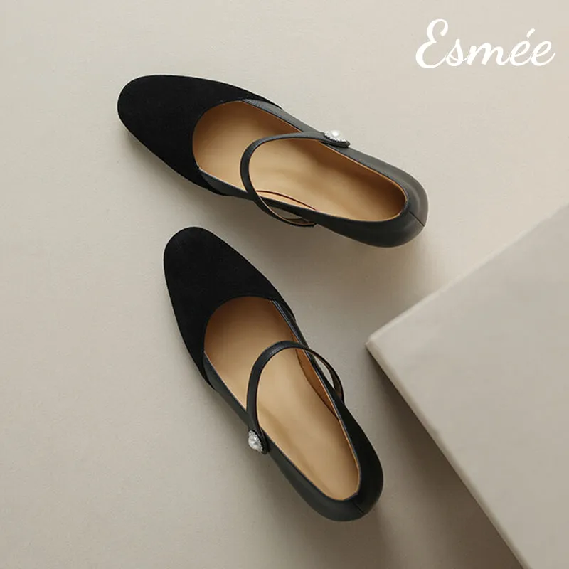 Leather Suede Mary Janes with Pearl Button Design
