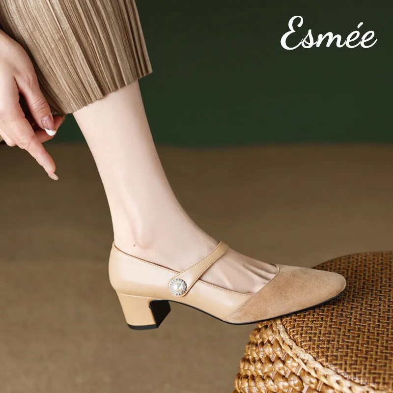 Leather Suede Mary Janes with Pearl Button Design
