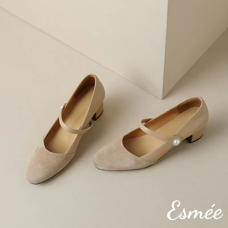 Leather Suede Mary Janes with Pearl Button Design