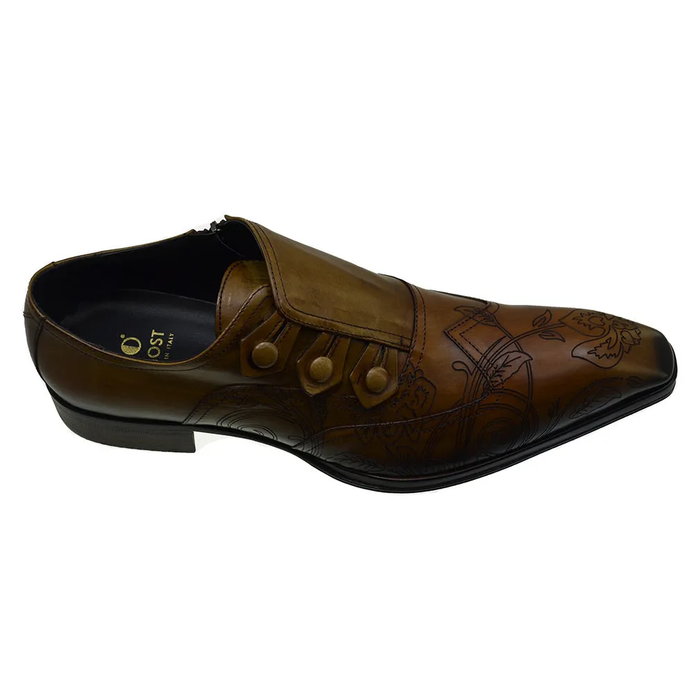Men's Italian Shoes Jo Ghost 2376 Brown Leather Embroidery Dress Shoes