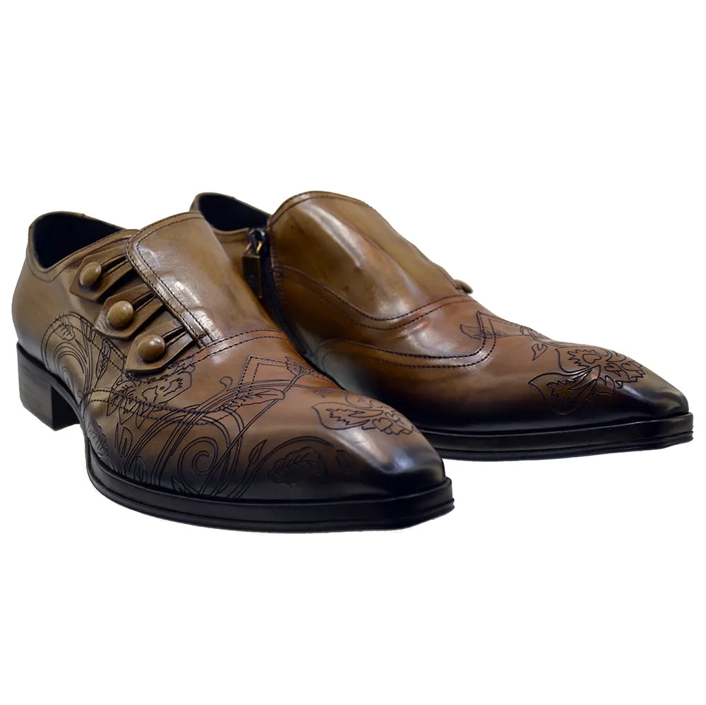 Men's Italian Shoes Jo Ghost 2376 Brown Leather Embroidery Dress Shoes