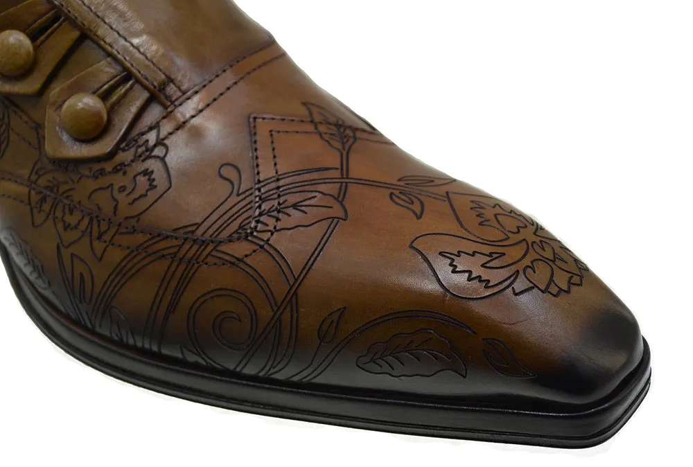 Men's Italian Shoes Jo Ghost 2376 Brown Leather Embroidery Dress Shoes