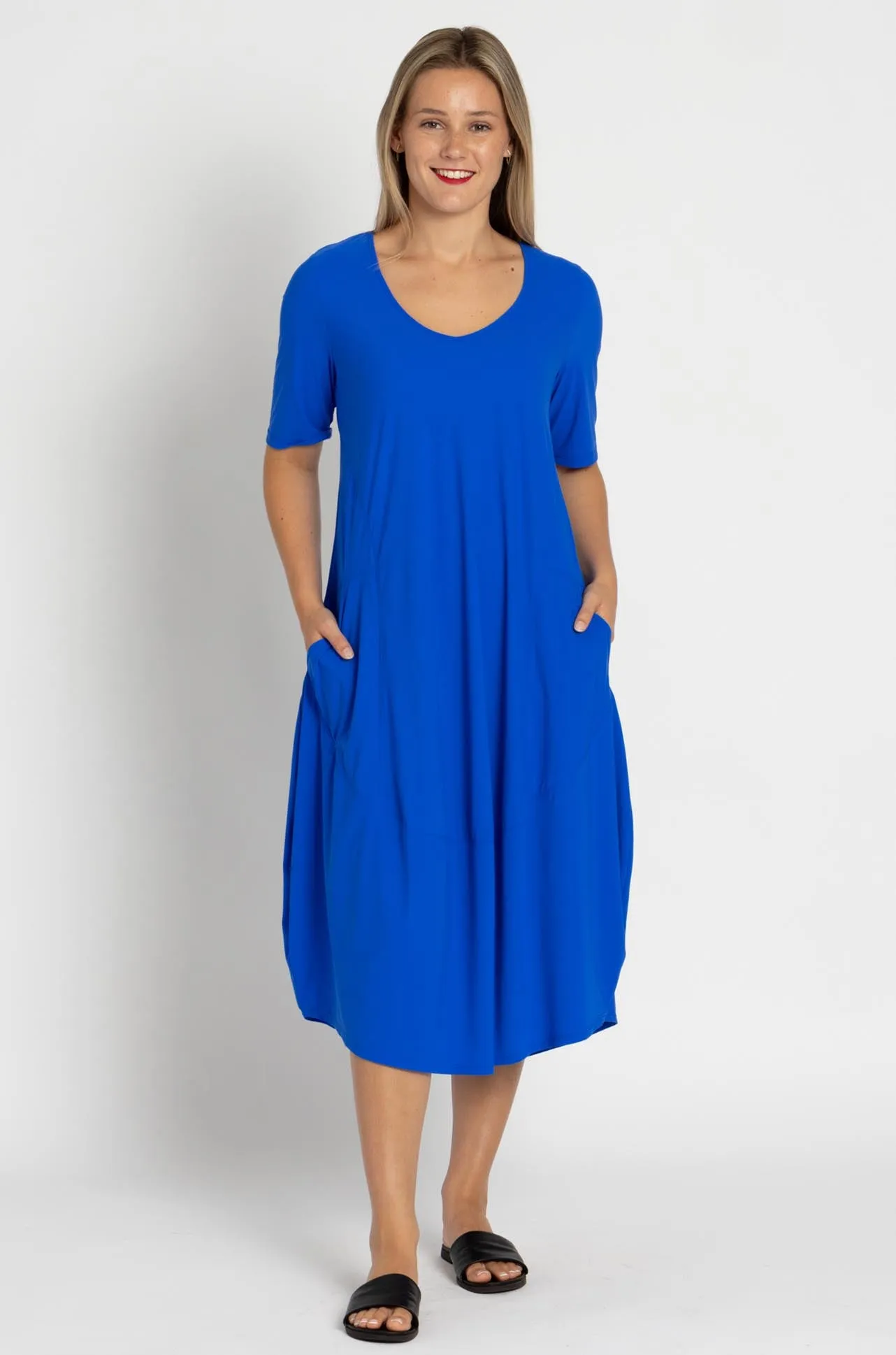 Paula Ryan - Scoop V 1/2 Sleeve Tulip Dress in Greek Blue