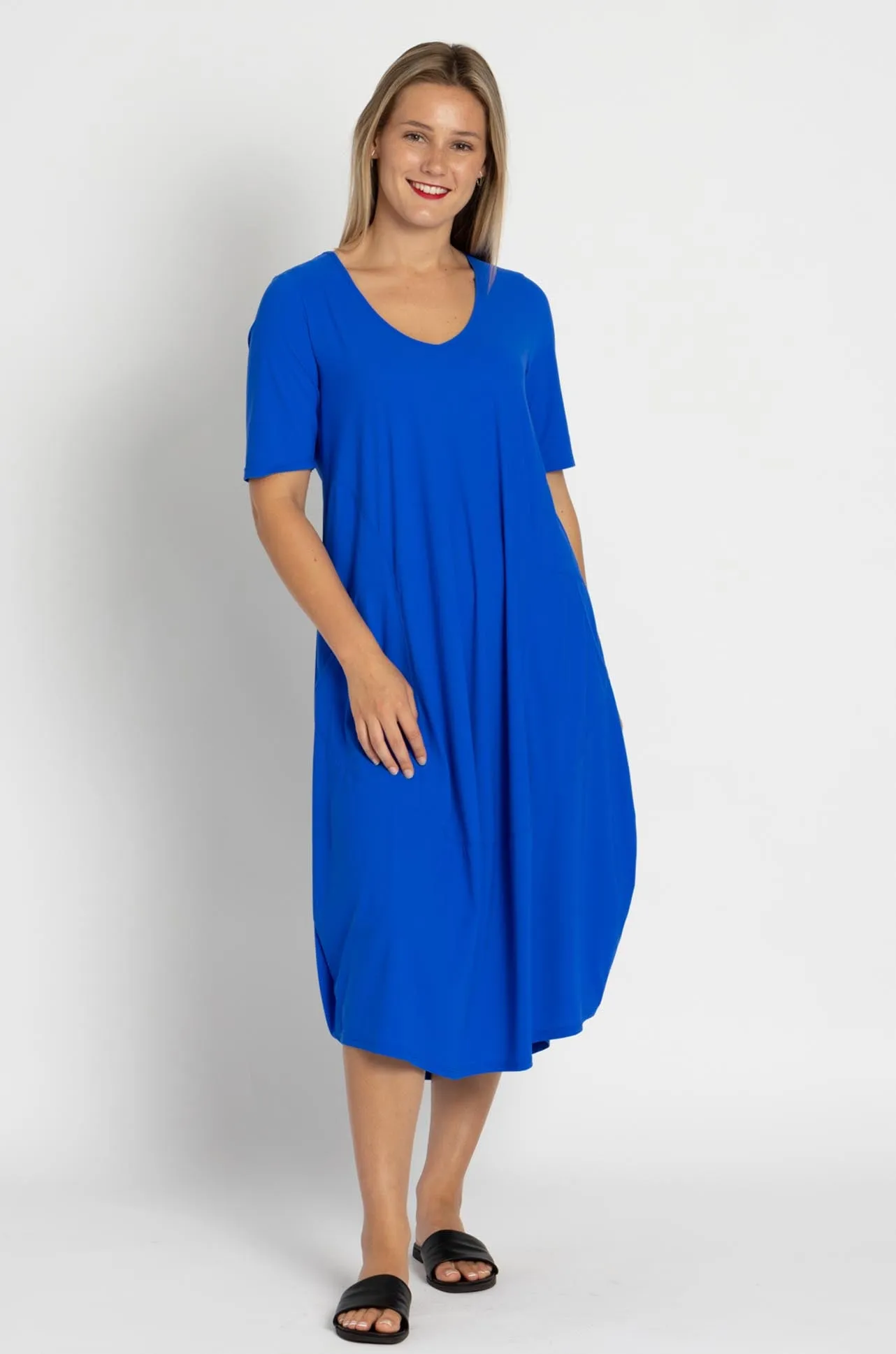 Paula Ryan - Scoop V 1/2 Sleeve Tulip Dress in Greek Blue