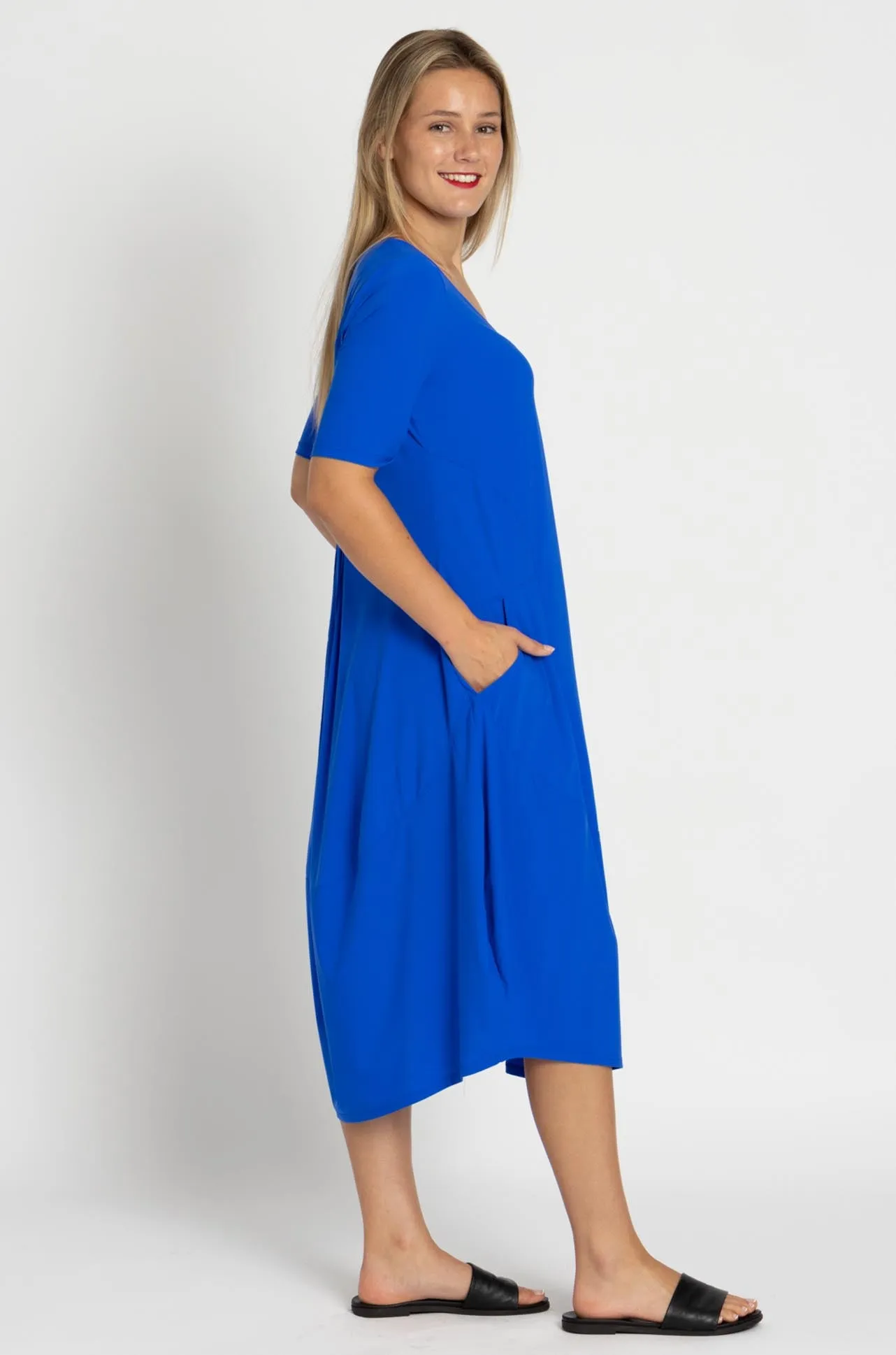 Paula Ryan - Scoop V 1/2 Sleeve Tulip Dress in Greek Blue