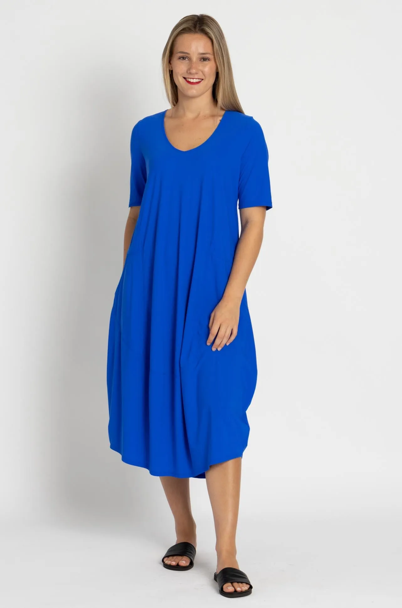 Paula Ryan - Scoop V 1/2 Sleeve Tulip Dress in Greek Blue